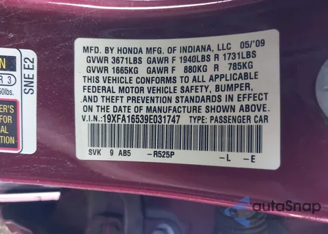 2009 Honda Civic Lx from USA, damaged, VIN 19XFA16539E031747
